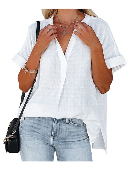 Blouses - V-Neck Thin Loose Plaid Short-Sleeved Blouse - MsDressly