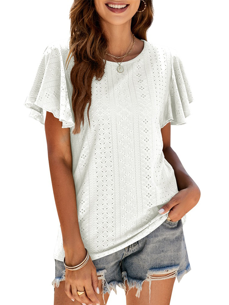 T-Shirts - Hollow Ruffle Sleeve Casual Round Neck T-Shirt - MsDressly