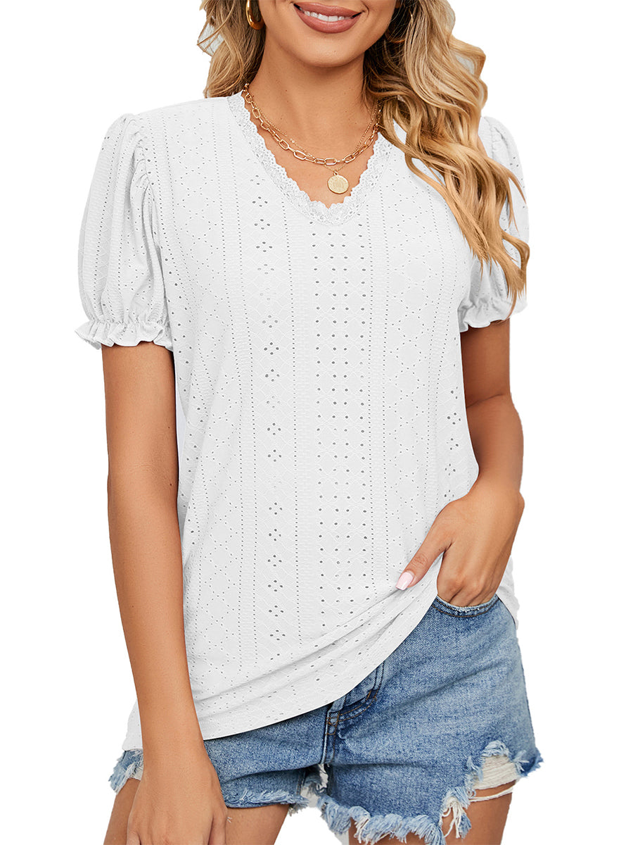 Solid Color Lace Stitching Hollow V-Neck T-Shirt