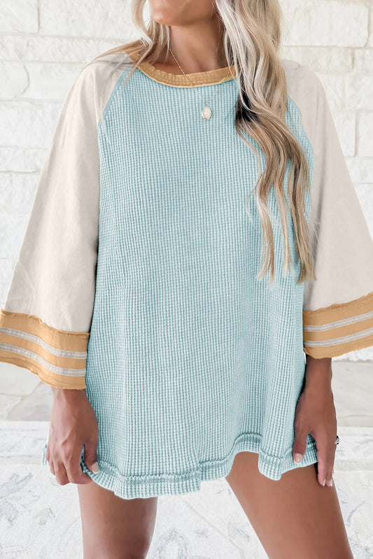 Beau Blue Waffle Textured Color Block Patchwork Raw Seam Bell Sleeve Loose Tunic Top