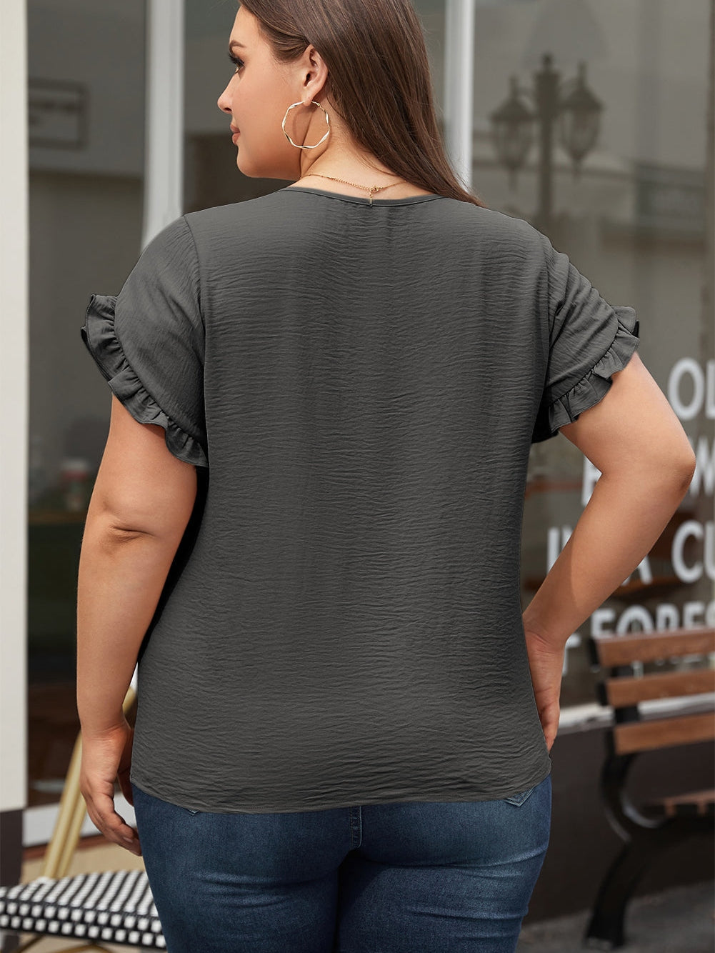 Dark Grey Ruffled Short Sleeve Plus Size Top