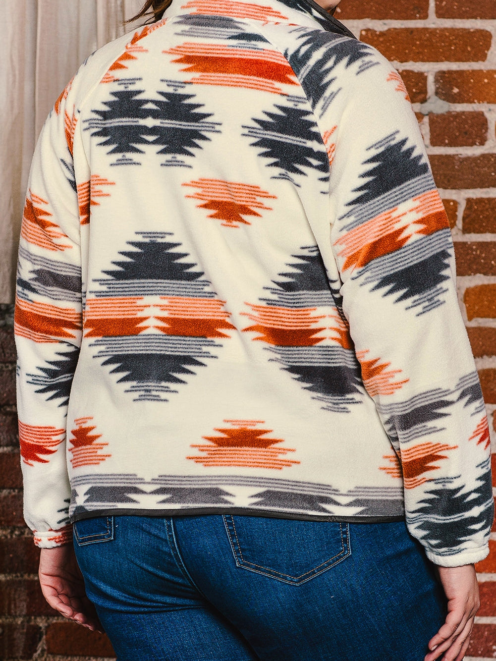 Aztec Print Stand Neck Plus Size Jacket in Grey Geo Patchwork