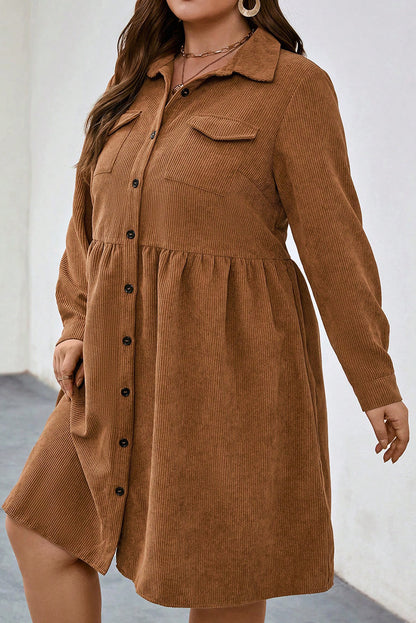 Camel Corduroy Full Buttoned Collared Shirt Style Plus Size Dress