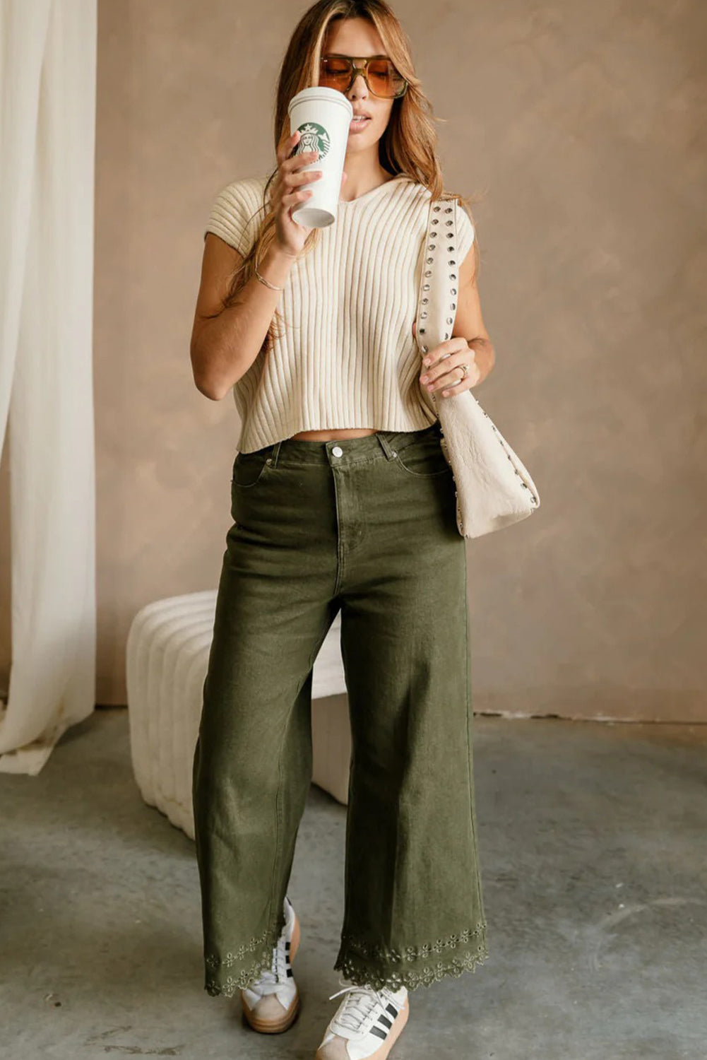 Four Leaf Clover Eyelet Embroidered Hem Detail High Waist Shift Jeans