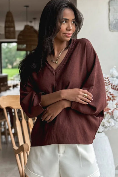 Red Sandalwood Braided Trim V Neck Oversize Top Drawstring Pants Loose 2pcs Outfit