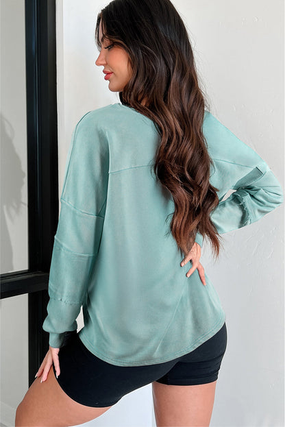 Mist Blue Mineral Wash Exposed Seam Buttoned V Neck Pullover Top
