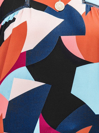 Glowing Abstract Pattern Ruffled Sleeve Crewneck Blouse