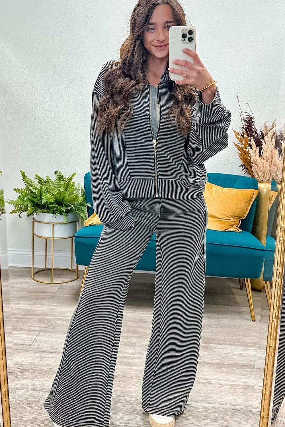 Black Stripe Baseball Collar Drop Shoulder Full Zipped Jacket and Sweatpants Set