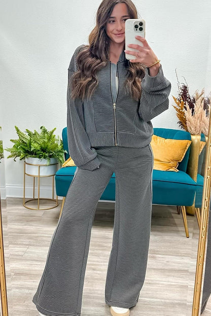 Black Stripe Baseball Collar Drop Shoulder Full Zipped Jacket and Sweatpants Set