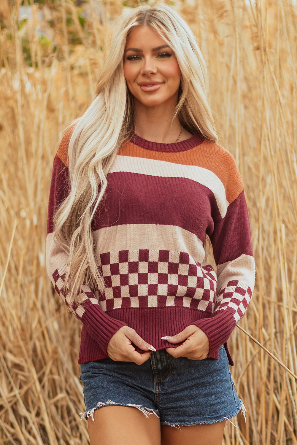 brown checkered sweater