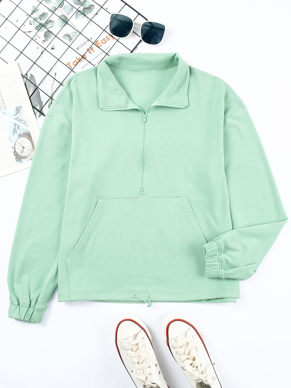Green Zip Front Pullover Sweatshirt with Pockets