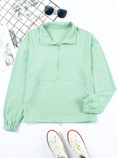 Green Zip Front Pullover Sweatshirt with Pockets