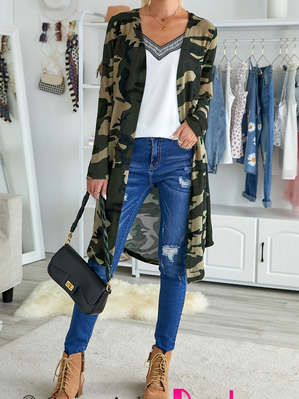 Green Camo Print V-Neck Cardigan