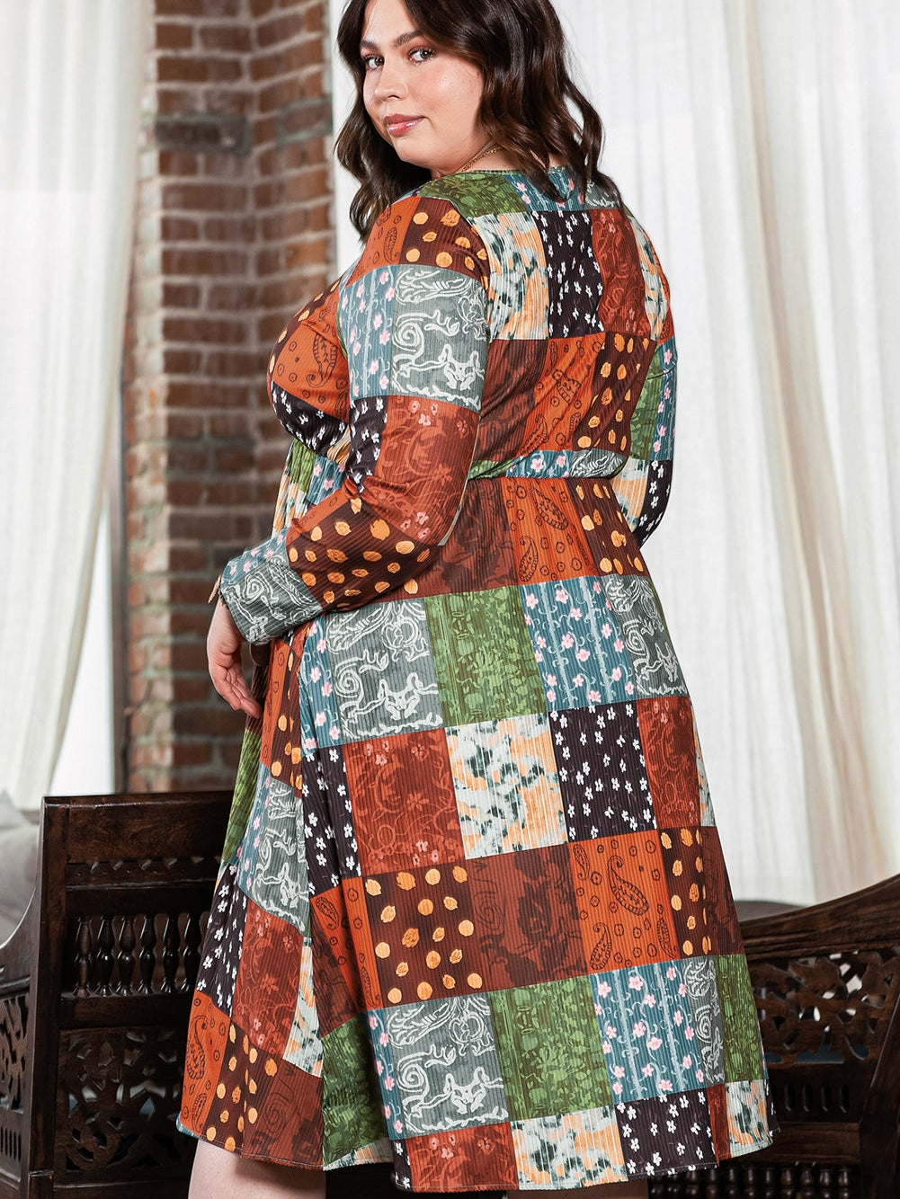 Green Printed Multicolor Western Checkered Plus Size Swing Dress