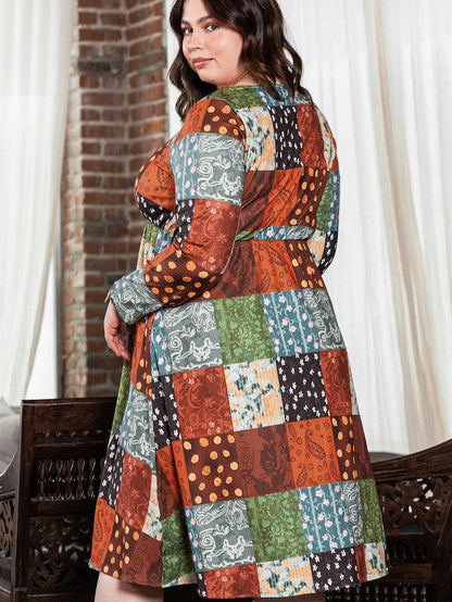 Green Printed Multicolor Western Checkered Plus Size Swing Dress