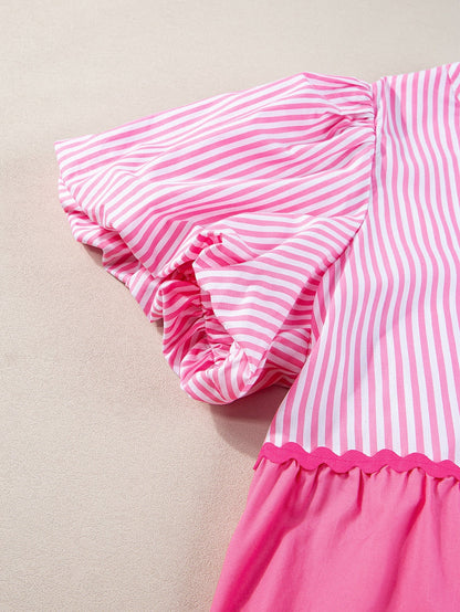 Pink Ricrac Stripe Block Puff Sleeve A-Line Shift Dress