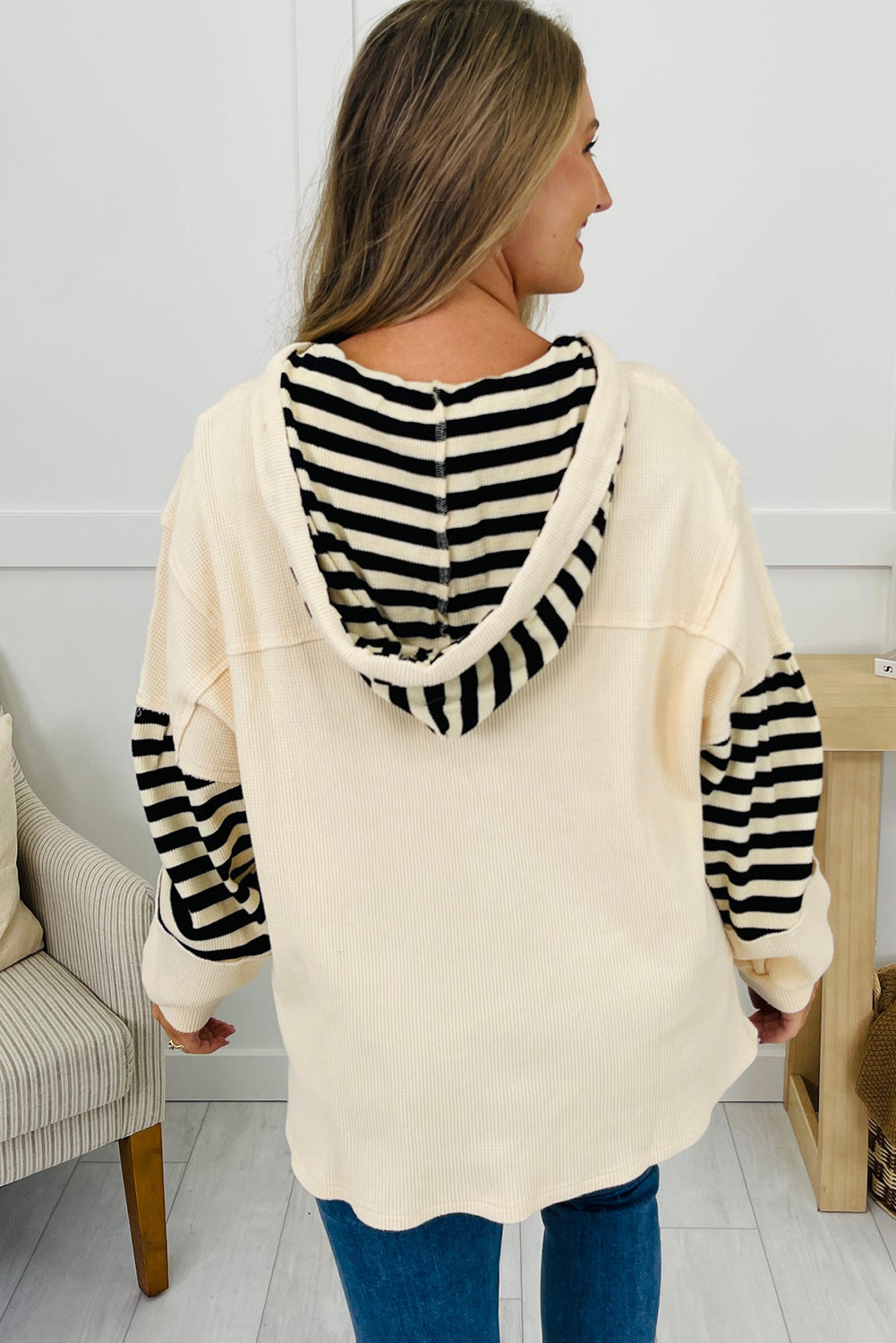 Beige Waffle Texture Striped Star Patchwork Oversize Hoodie