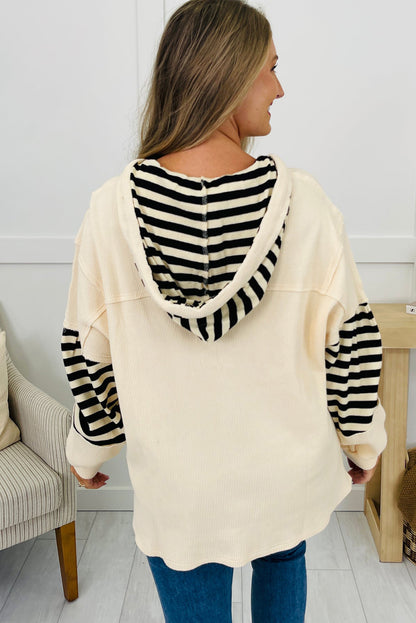 Beige Waffle Texture Striped Star Patchwork Oversize Hoodie