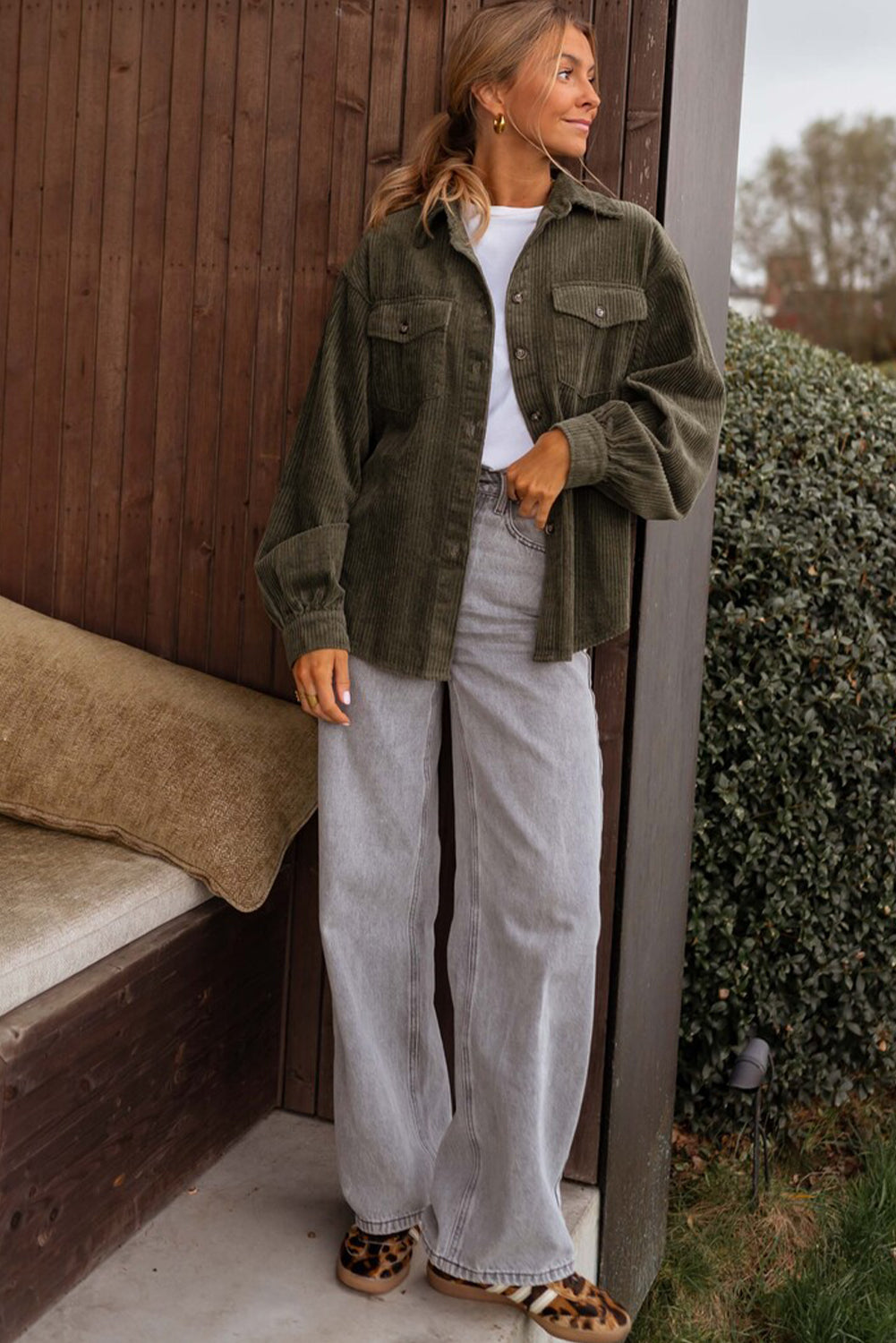 Moss Green Solid Color Button Flap Pocket Corduroy Shacket