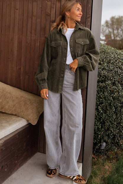 Moss Green Solid Color Button Flap Pocket Corduroy Shacket