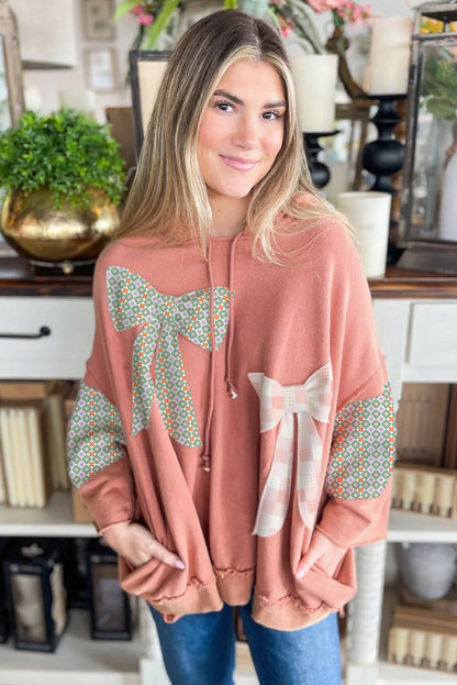 Flamingo Contrast Patched Bow Knot Accent Oversize Hoodie