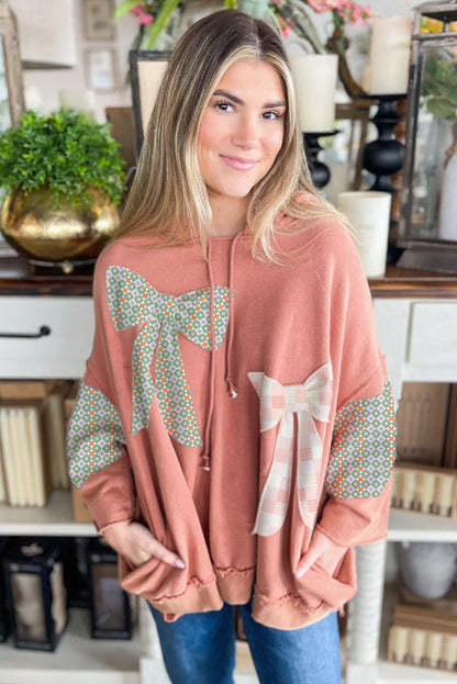 Flamingo Contrast Patched Bow Knot Accent Oversize Hoodie