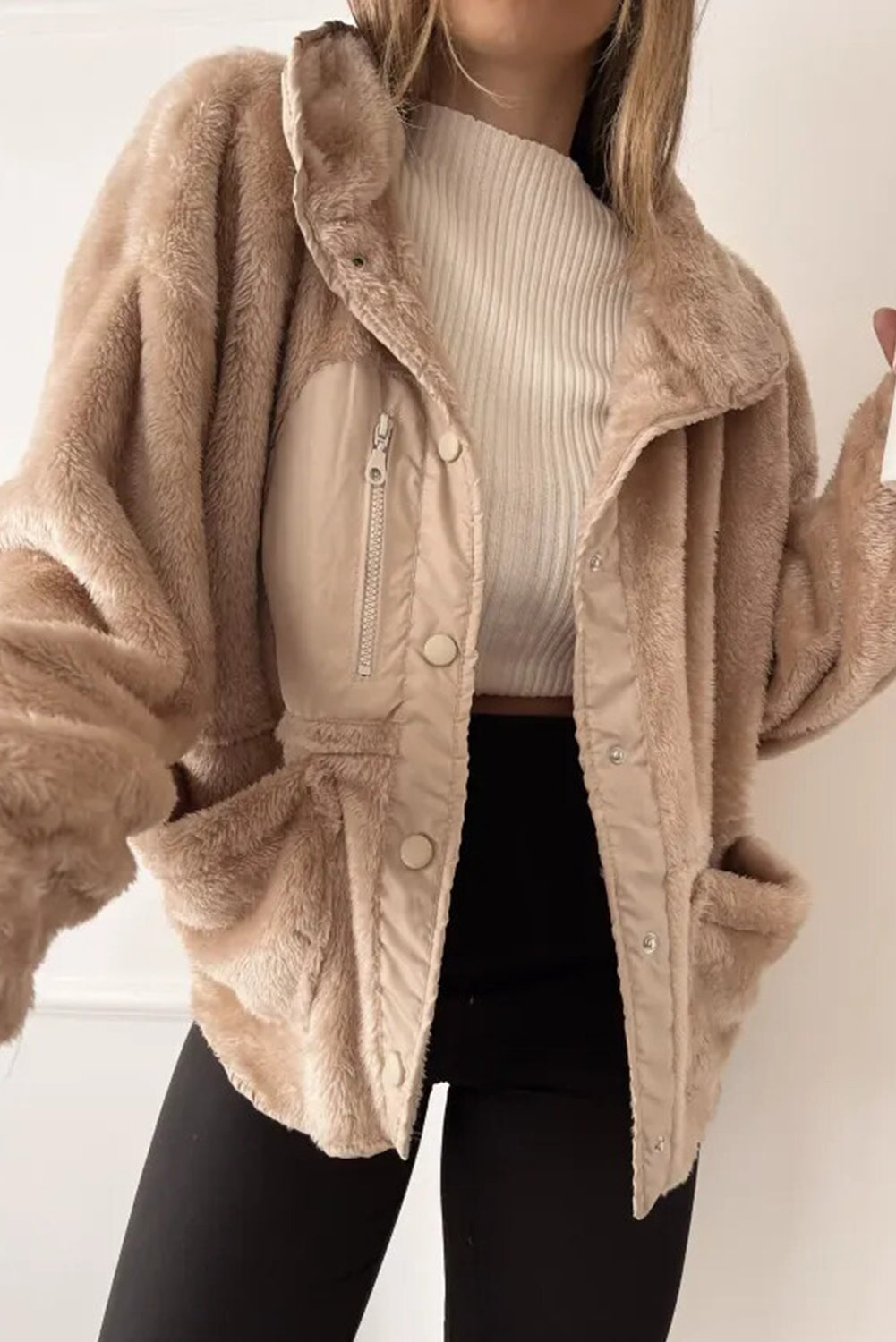 Smoke Gray Plush Color Block Patchwork Snap Button Pocketed Winter Jacket