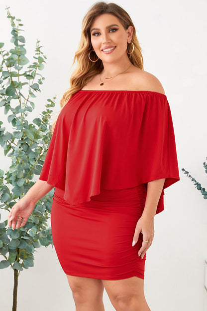 Fiery Red Plus Size Layered Mini Poncho Dress with Versatile Neckline