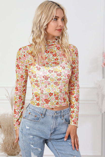 Floral Print Lettuce Hem Long Sleeve Top with Multicolor Design