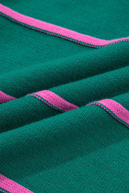 Green Stripe Half Buttons Drop Shoulder Plus Size Sweater