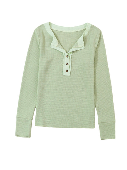 Green Textured Waffle Knit Henley Top