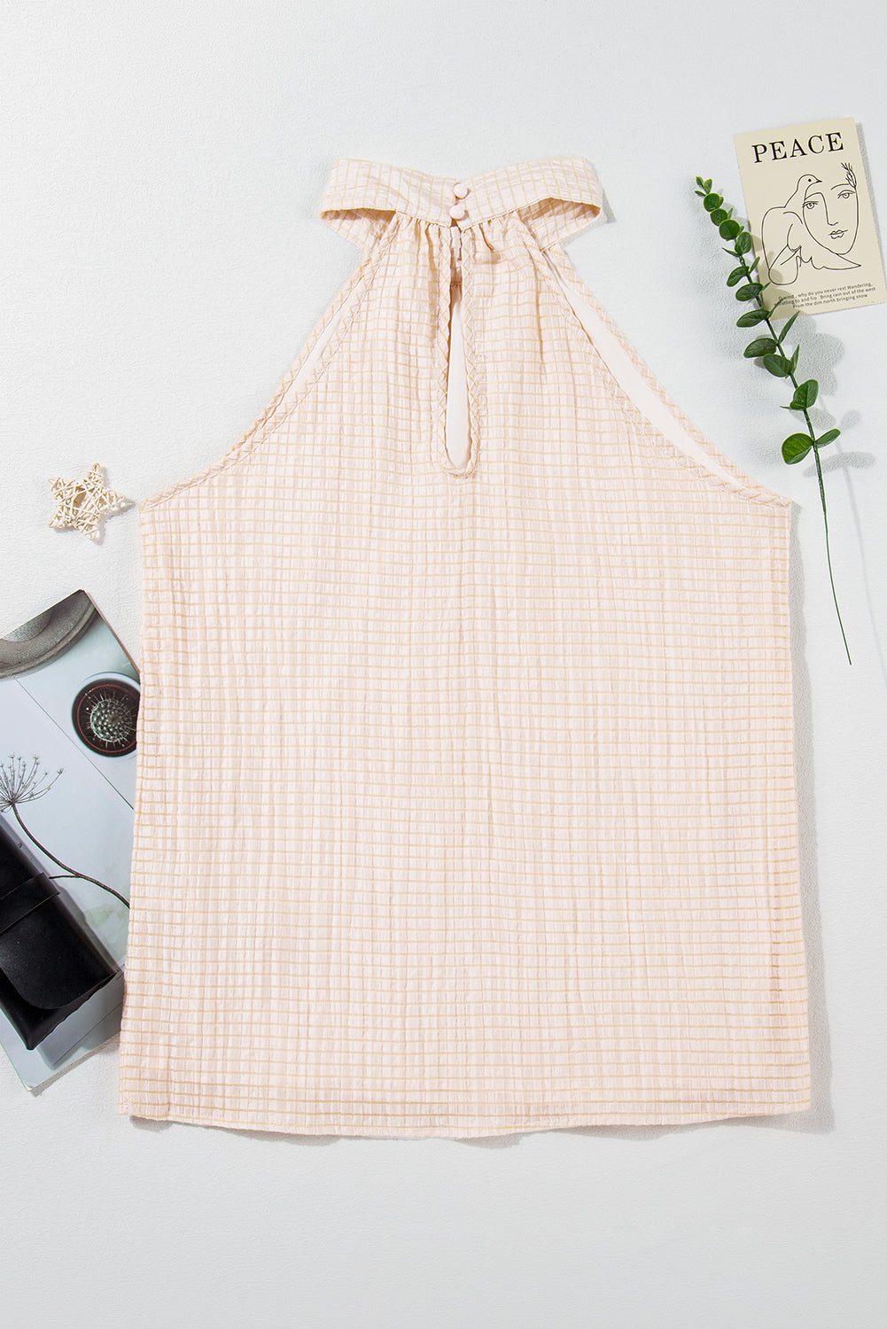 Apricot Textured Halter Neck Button Up Sleeveless Top with Keyhole Back