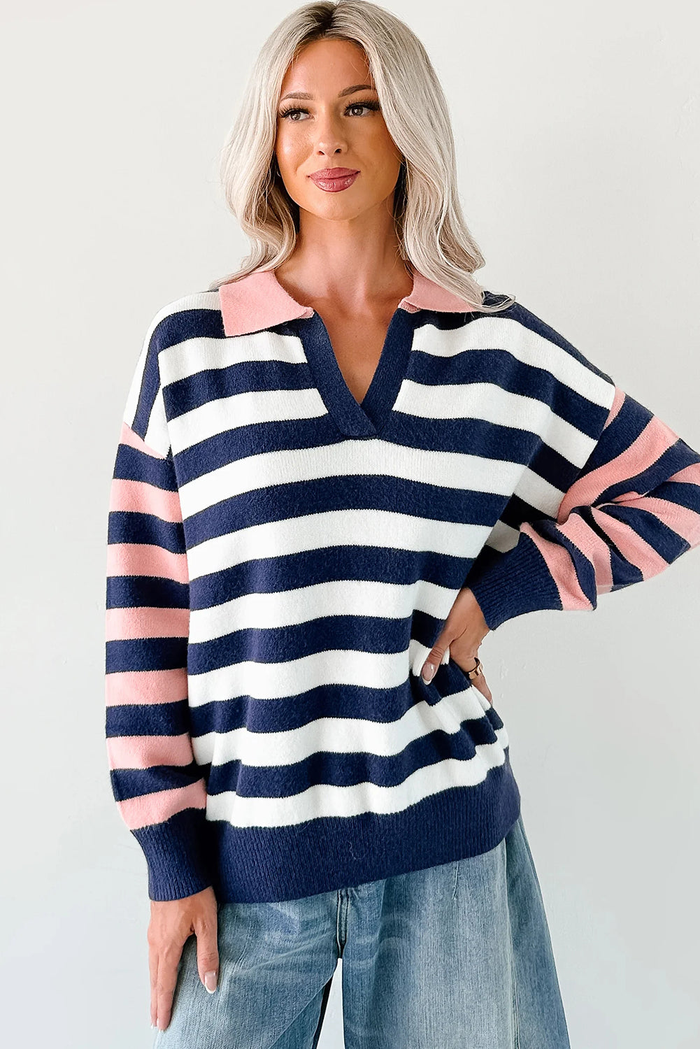 Blue Stripe Drop Shoulder Color Block Sleeve Polo Collar Knit Sweater