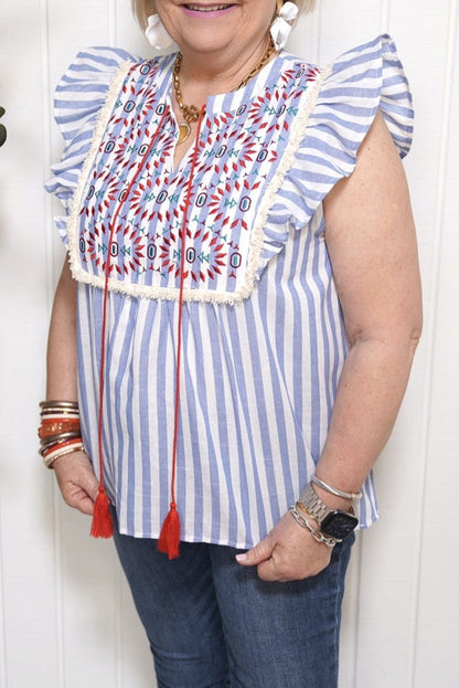 Sky Blue Embroidered Tassel Detail Striped Ruffle Sleeve Plus Blouse