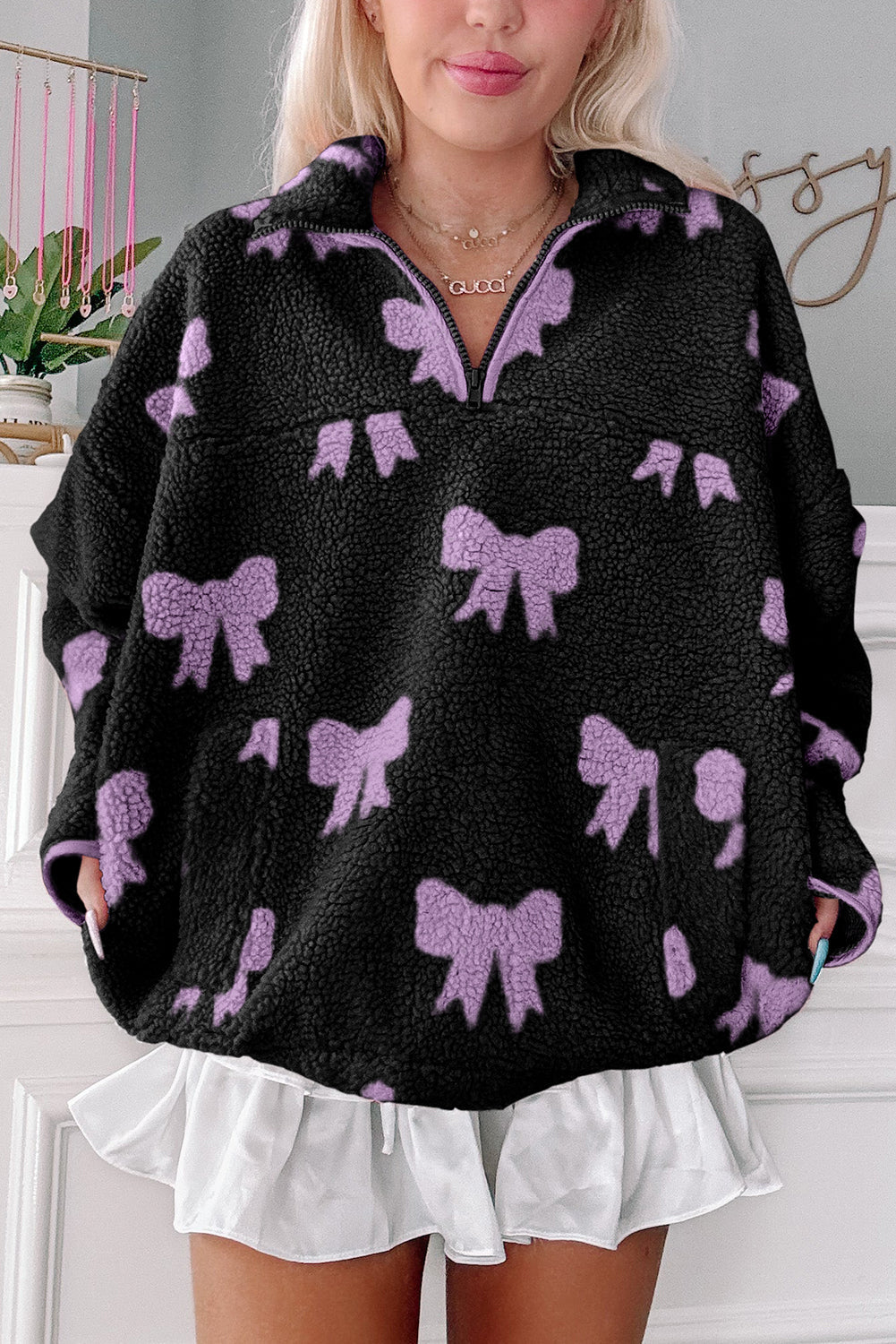 Black Bow Sherpa Quarter Zip Drop Shoulder Baggy Sweatshirt