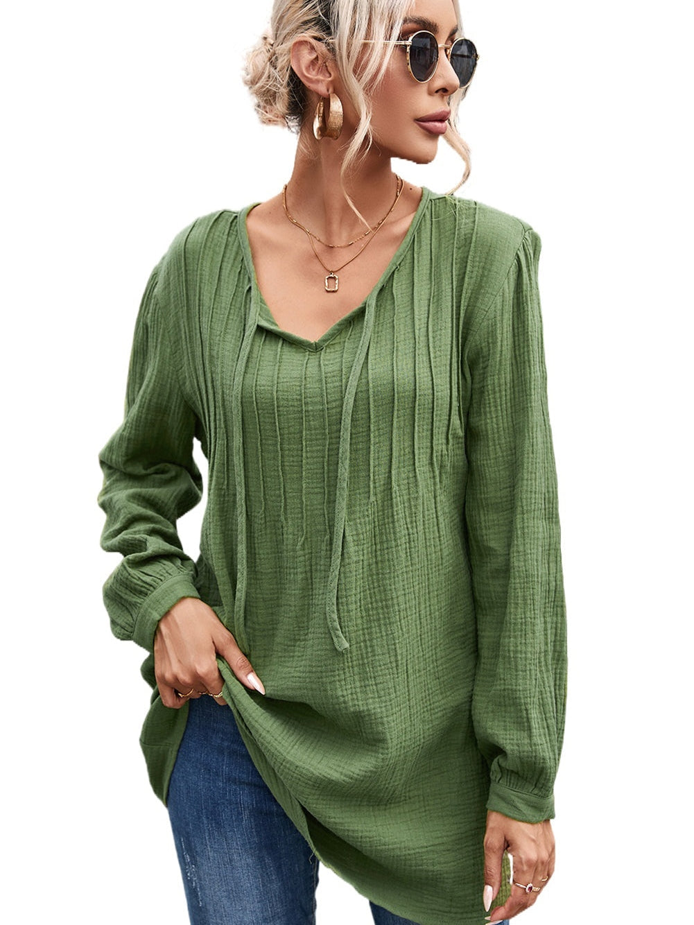 Green Textured V Neck Loose Top with Pleated Details