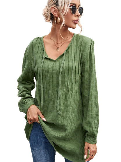 Green Textured V Neck Loose Top with Pleated Details