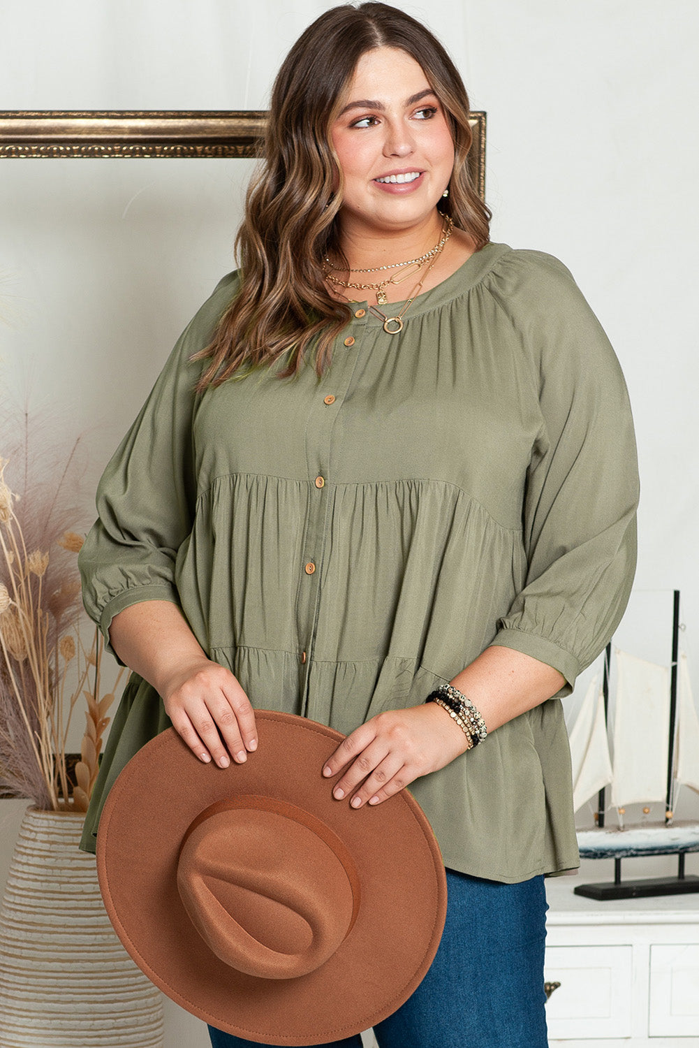Emerald Plus Size Ruffled Tiered Split Neck Blouse