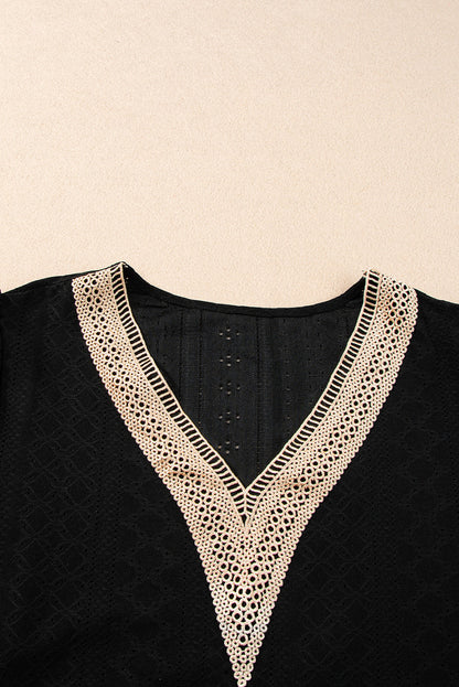 Chic Black Eyelet Embroidered V Neck Lace Top for Plus Size Women