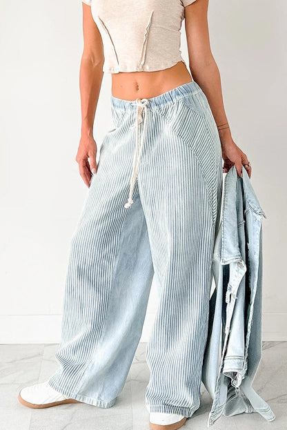 Sky Blue Stripe Contrast Drawstring Wide Leg Patchwork Jeans