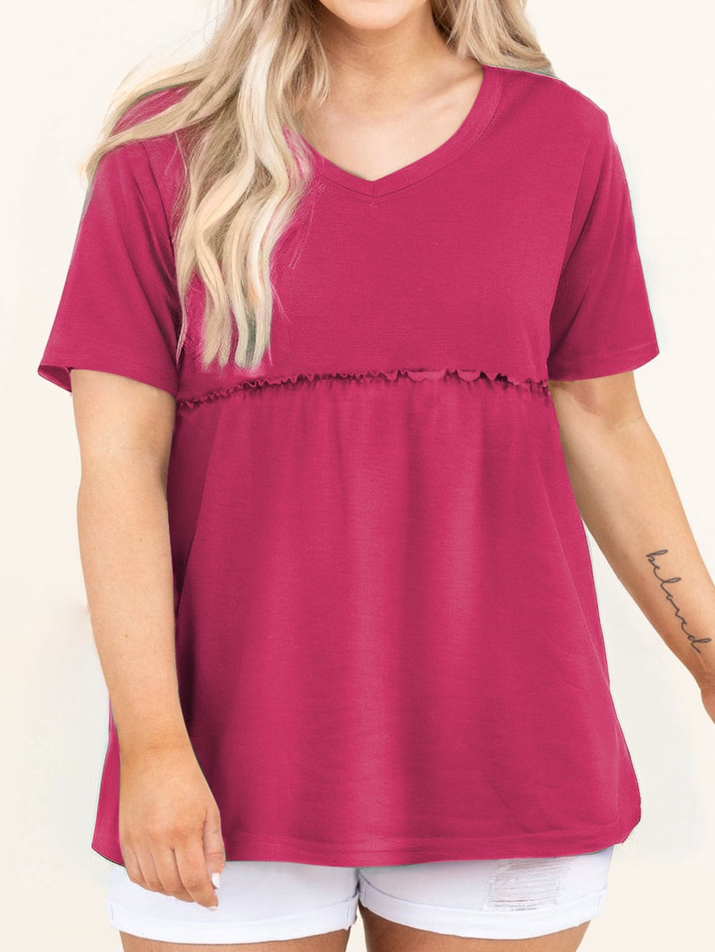 Elegant Rose Red Plus Size V-Neck Babydoll Top