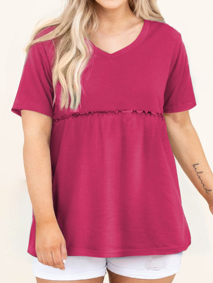 Elegant Rose Red Plus Size V-Neck Babydoll Top