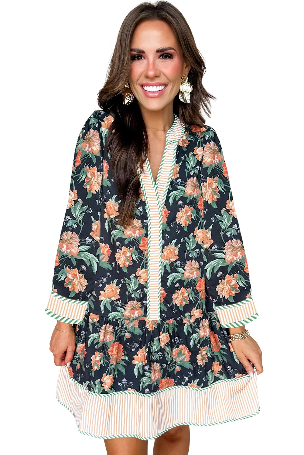 Blue Floral Print Striped Trim V Neck Long Sleeve Ruffle Hem Shift Mini Dress