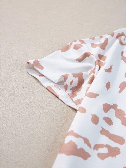 White Leopard Print V Neck Short Sleeve Plus Size Top