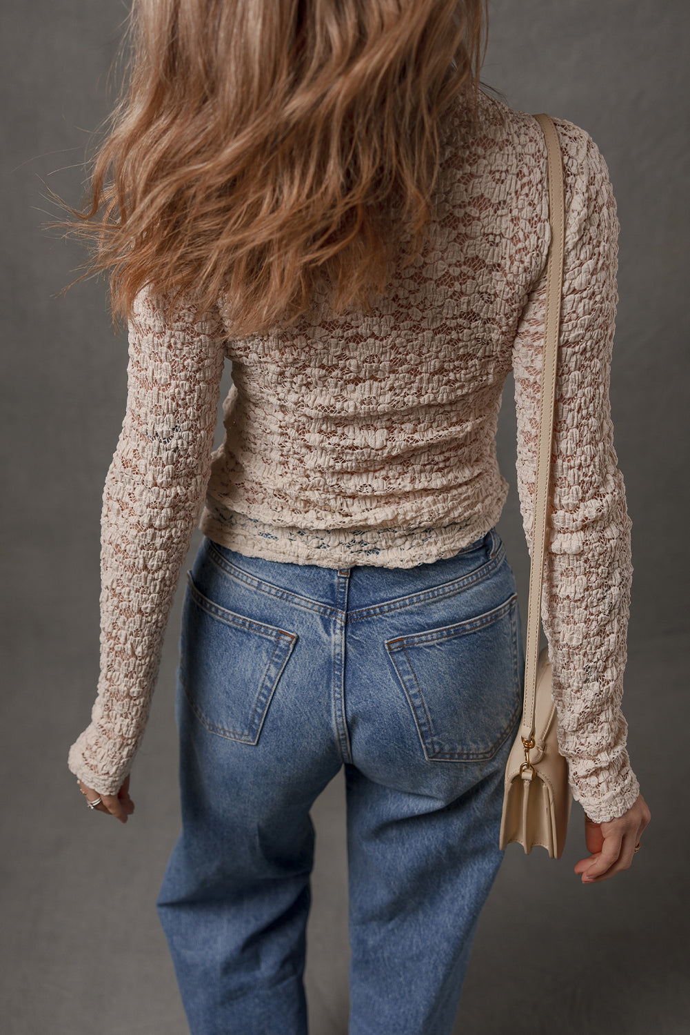 Jet Stream Lace Textured Mock Neck Long Sleeve Slim Top