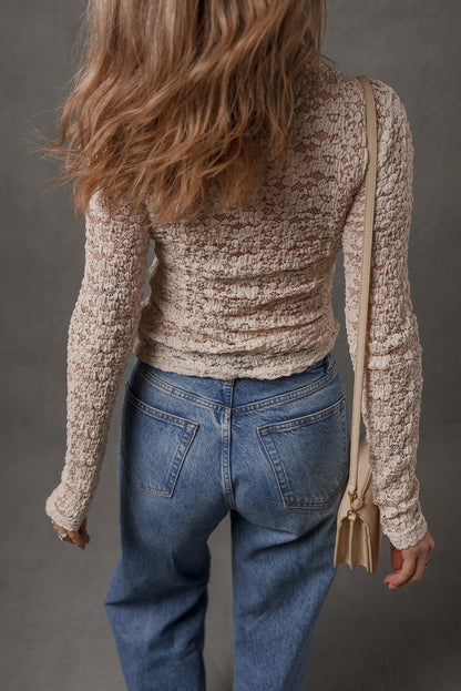 Jet Stream Lace Textured Mock Neck Long Sleeve Slim Top