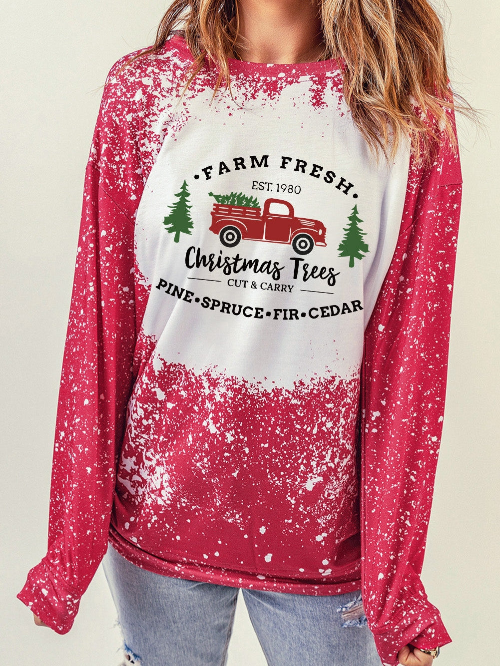 Festive Red Christmas Tree Truck Ink Splash Print Sweatshirt