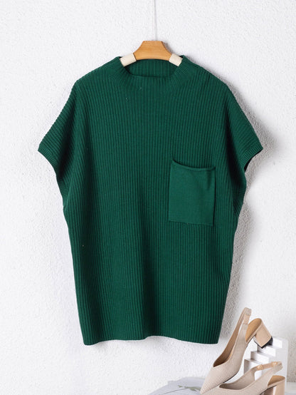 Jungle Green Plus Size Mock Neck Chest Pocket Short Sleeve Sweater