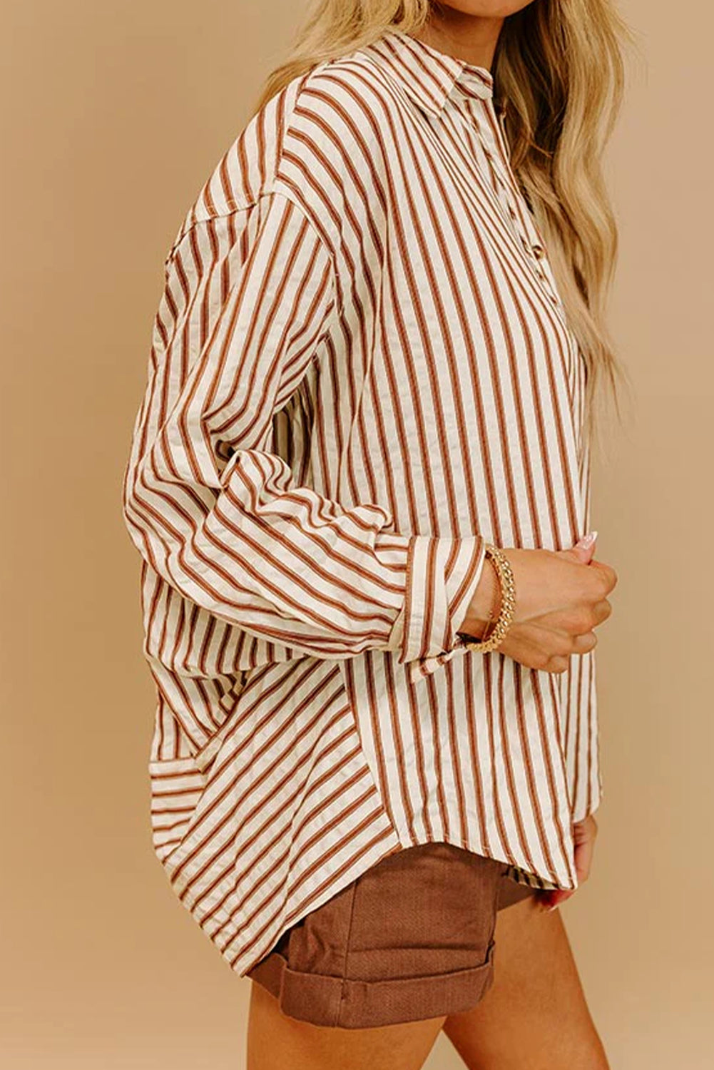 Brown Stripe Textured Hi Low Rounded Hem Casual Shirt with Slits