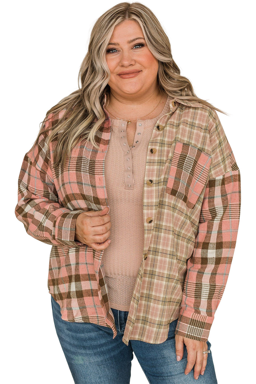 Pink Plaid Pocketed Plus Size Shirt With Long Sleeves